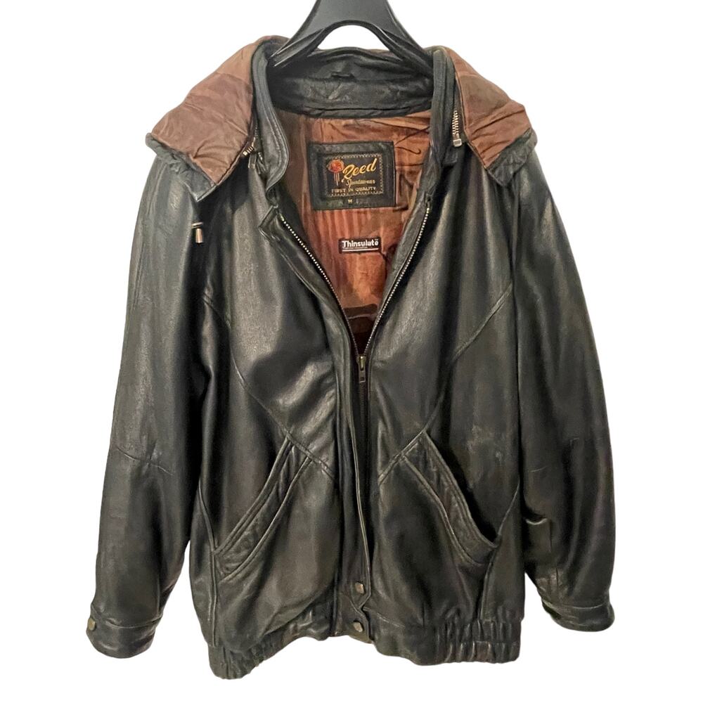Reed Sportswear Leather Thinsulate Jacket Mens Medium Black Full Zip Hooded